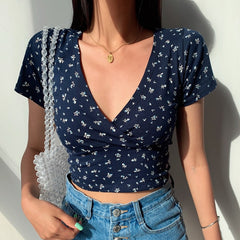 Pydshop Back to college Y2K Vintage Floral Cross Crop Top T-Shirt Women Cropped Slim Short Sleeve V-Neck Sexy Summer Clothes Tee Shirt Femme Woman Tops