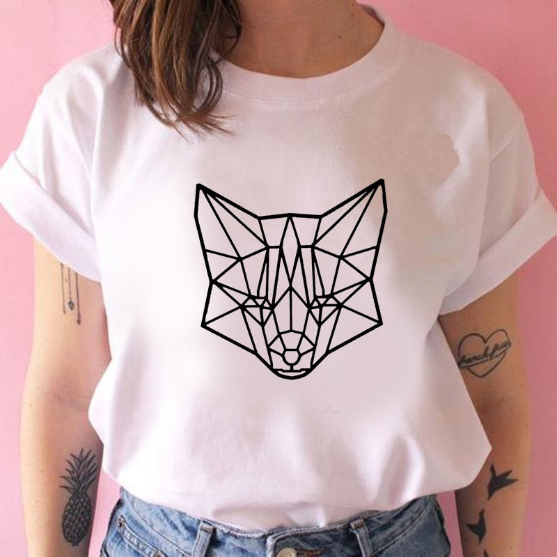 2022 Pydshop Casual Funny t shirt Geometric fox Print Women tshirt Gift Lady Yong Girl Top Tee Harajuku T Shirt Korean Tops Kawaii Streetwear