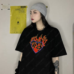 Pydshop Harajuku Gothic T-Shirt Heaven Hell Heart Print Short Sleeve Tops  Tees Ulzzang Vintage Chic Fashion Loose Casual Women Clothing