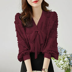 Blouses Women V-neck Bow New Arrival Lantern Sleeve Elegant Office Lady Korean Style Loose Casual Trendy Chic Shirts Female Tops