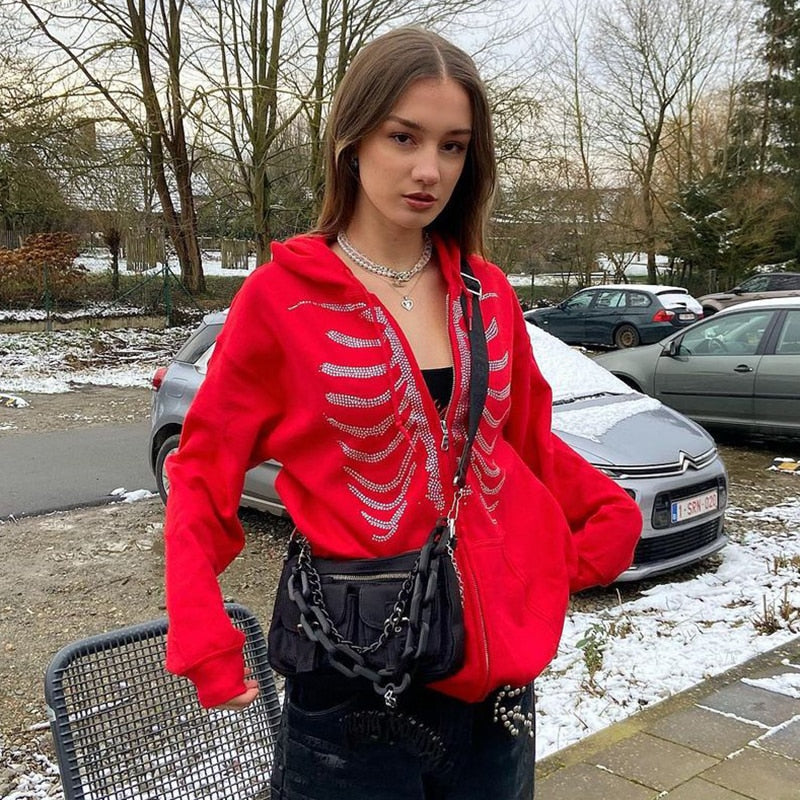 Pydshop Rhinestone Skeleton Sweatshirts Women Y2K Grunge Gothic Tops Hooded Jacket Vintage Harajuku Long Sleeve Zip Up Streetwear Hoodie