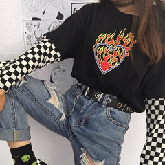 Pydshop Harajuku Gothic T-Shirt Heaven Hell Heart Print Short Sleeve Tops  Tees Ulzzang Vintage Chic Fashion Loose Casual Women Clothing