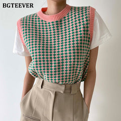 Pydshop  Casual Plaid O-Neck Women Knitted Sweater 2022 Autumn Winter Loose Sleeveless Female Pullovers Tops