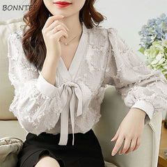 Blouses Women V-neck Bow New Arrival Lantern Sleeve Elegant Office Lady Korean Style Loose Casual Trendy Chic Shirts Female Tops
