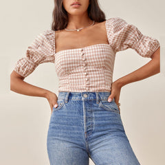 Pydshop Womens Tops And Blouses Front Buttons Fitted Summer Casual Plaid Top Women Square Neck Double Puff Sleeve Elegant Blouse