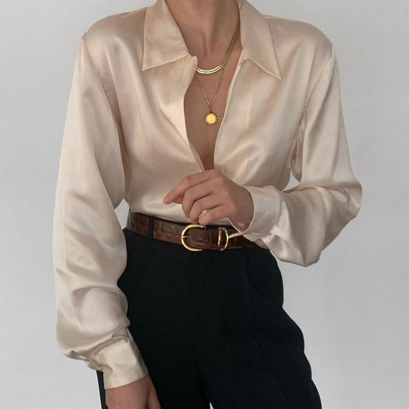 Pydshop 2024 V Neck Long Sleeve Satin Shirt Women Elegant Autumn Winter Black   Fashion Blouse Lady Office Tops
