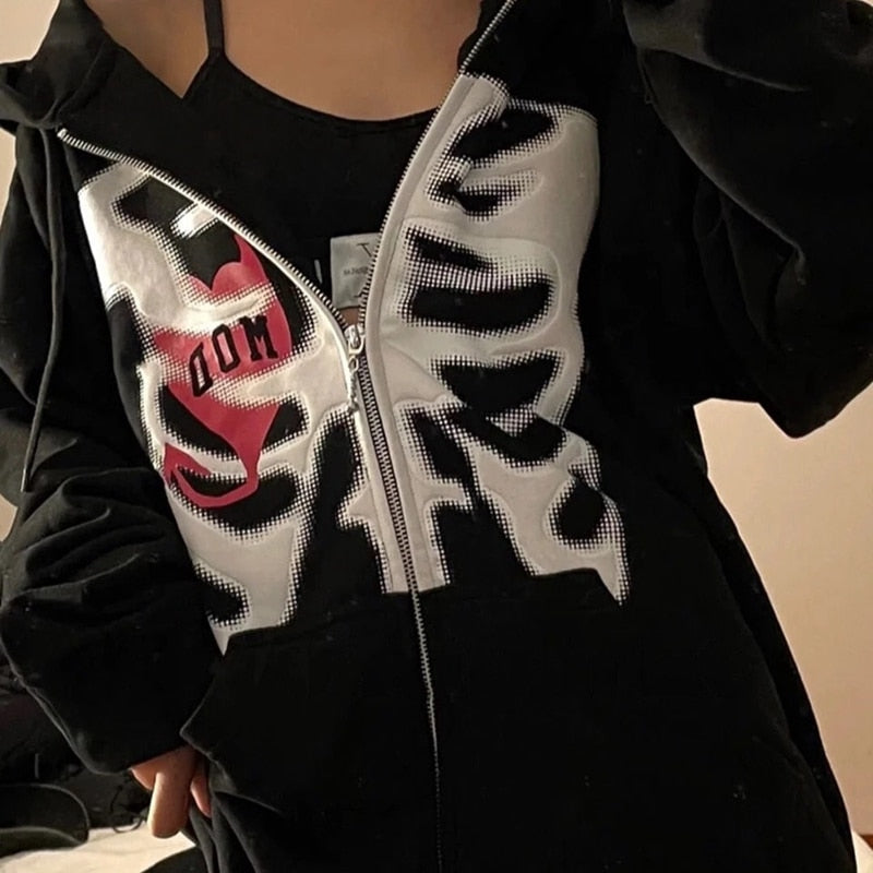 Pydshop Rhinestone Skeleton Sweatshirts Women Y2K Grunge Gothic Tops Hooded Jacket Vintage Harajuku Long Sleeve Zip Up Streetwear Hoodie