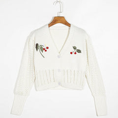 Pydshop Knit Cardigan Crop Top Women V Neck Long Sleeve Cropped Cardigan Sweater 2022 Cute Embroidery Beading Knitted Cardigans Knitwear