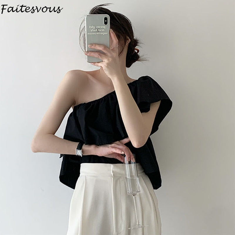 Pydshop Fashion Off Shoulders White Shirts Women Sexy Ruffle Skew Collar Sleeveless Crop Tops Ladies 2022 Summer