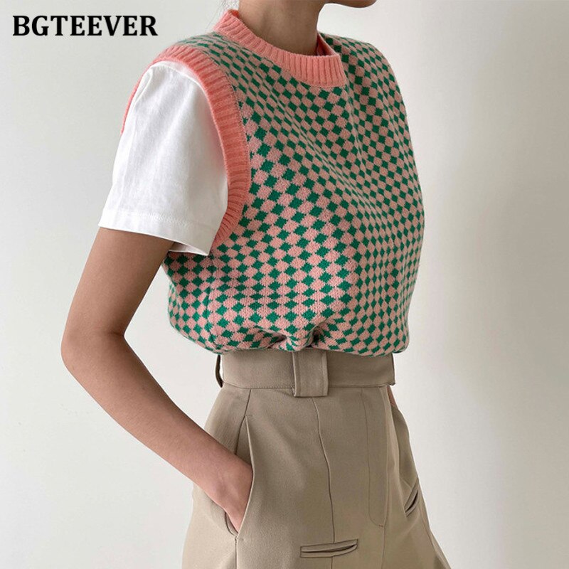 Pydshop  Casual Plaid O-Neck Women Knitted Sweater 2022 Autumn Winter Loose Sleeveless Female Pullovers Tops