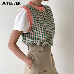 Pydshop  Casual Plaid O-Neck Women Knitted Sweater 2022 Autumn Winter Loose Sleeveless Female Pullovers Tops