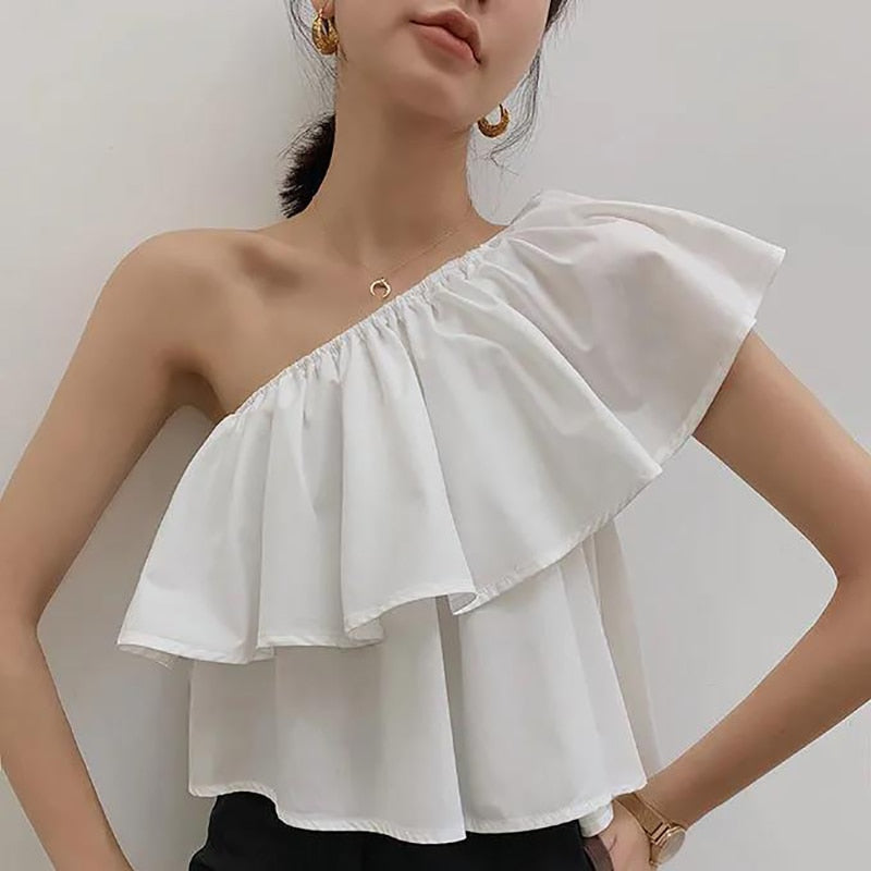 Pydshop Fashion Off Shoulders White Shirts Women Sexy Ruffle Skew Collar Sleeveless Crop Tops Ladies 2022 Summer