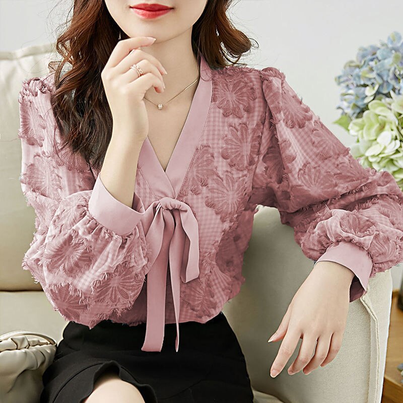 Blouses Women V-neck Bow New Arrival Lantern Sleeve Elegant Office Lady Korean Style Loose Casual Trendy Chic Shirts Female Tops