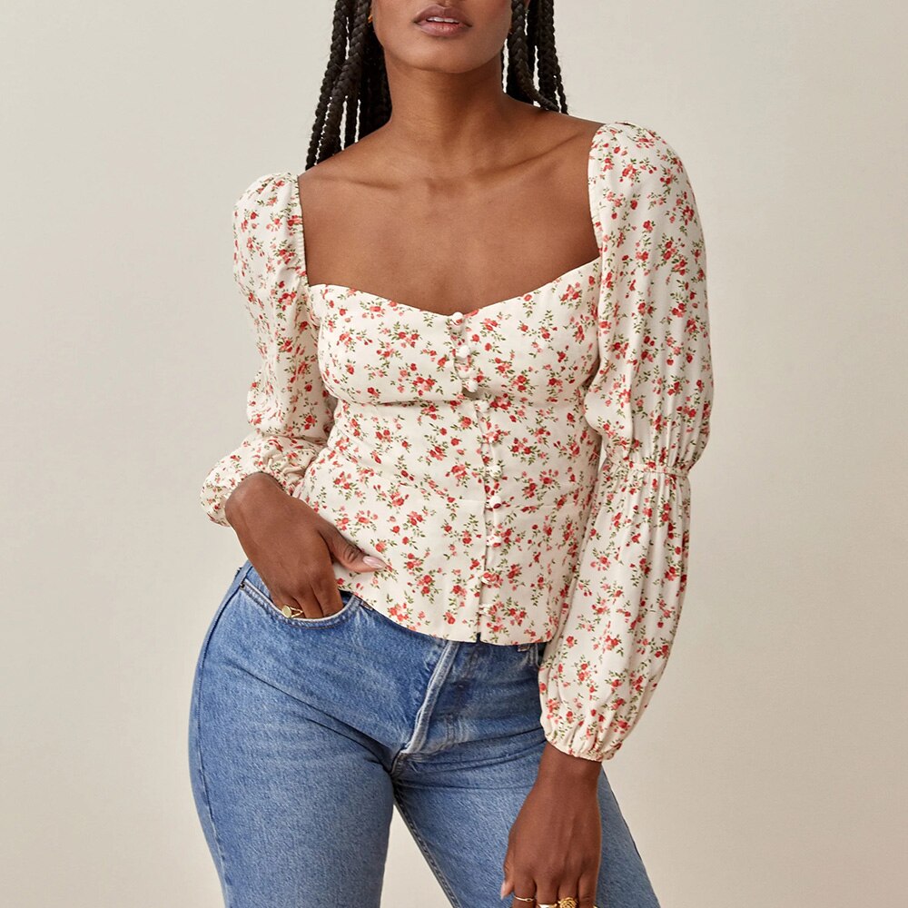 Pydshop Women Blouses Fashion Long Sleeve Square Neck Fitted Elegant Blouse Front Buttons Puff Sleeve Vintage Floral Print Top