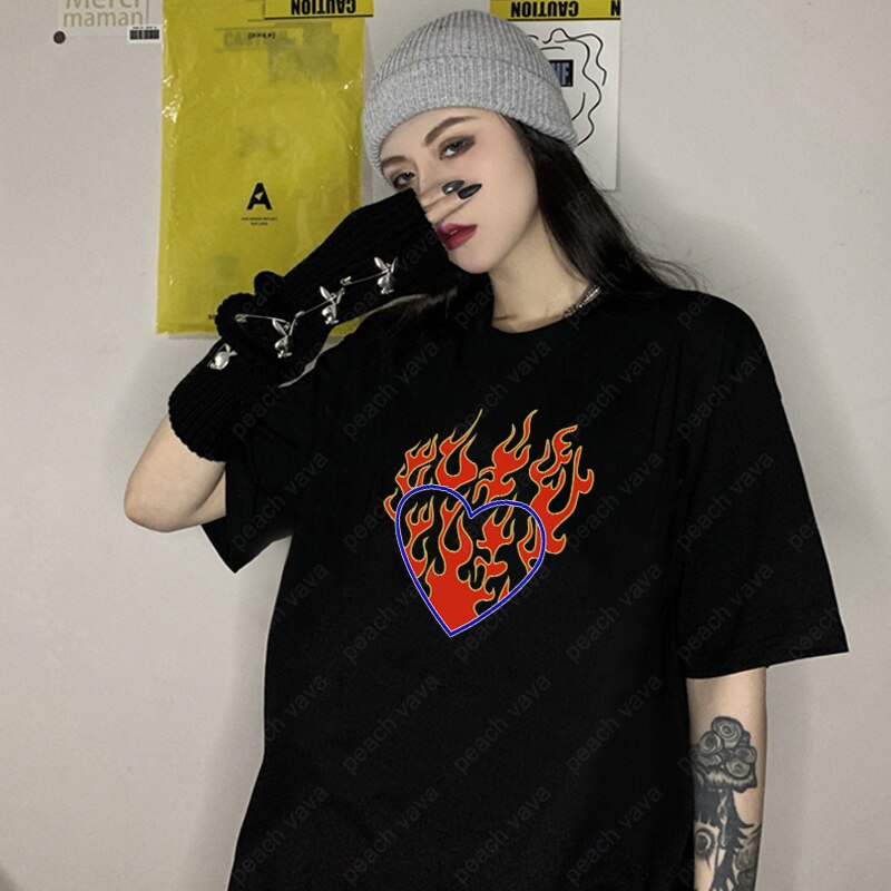 Pydshop Harajuku Gothic T-Shirt Heaven Hell Heart Print Short Sleeve Tops  Tees Ulzzang Vintage Chic Fashion Loose Casual Women Clothing