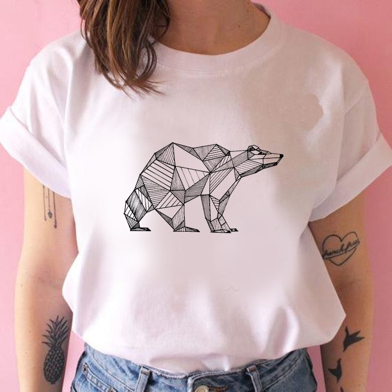 2022 Pydshop Casual Funny t shirt Geometric fox Print Women tshirt Gift Lady Yong Girl Top Tee Harajuku T Shirt Korean Tops Kawaii Streetwear