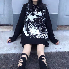 Pydshop Japan Anime Punk Streetwear Knitted Harajuku Women Oversized Sweaters Long Sleeve Goth E-Girls Casual Kawaii Vintage Cartoon Top