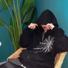 Pydshop Rhinestone Skeleton Sweatshirts Women Y2K Grunge Gothic Tops Hooded Jacket Vintage Harajuku Long Sleeve Zip Up Streetwear Hoodie