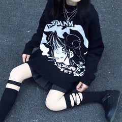 Pydshop Japan Anime Punk Streetwear Knitted Harajuku Women Oversized Sweaters Long Sleeve Goth E-Girls Casual Kawaii Vintage Cartoon Top