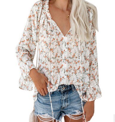 2022 loose women's chiffon shirt V-neck lace floral women  tops shirts with ruffled flared sleeves casual women blouse