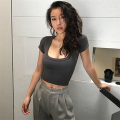 Back to college Summer Slim Sports Vest Sexy Women Short Sleeve U-Neck Gray Tee Tank Tops Female Solid Black/White Korean Crop Tops Y2k