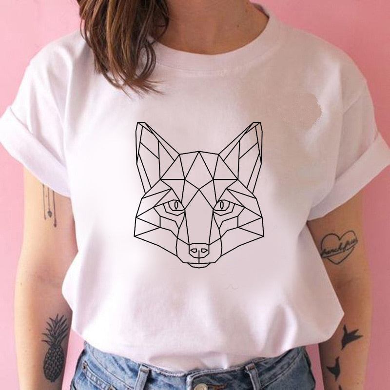 2022 Pydshop Casual Funny t shirt Geometric fox Print Women tshirt Gift Lady Yong Girl Top Tee Harajuku T Shirt Korean Tops Kawaii Streetwear