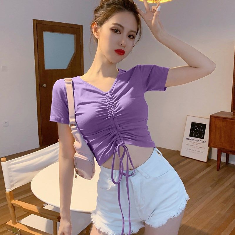 Back to college Summer Fashion Solid V Neck T Shirts Women Short Sleeve Sexy Crop Tops Ladies Casual Tees Top Tees Female Black T-Shirts