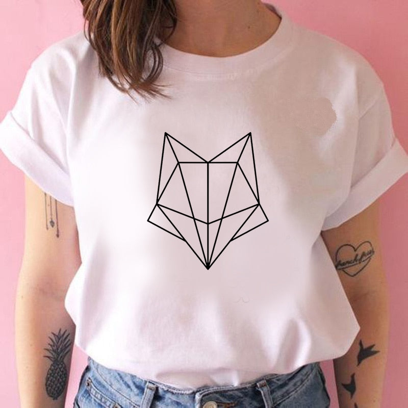 2022 Pydshop Casual Funny t shirt Geometric fox Print Women tshirt Gift Lady Yong Girl Top Tee Harajuku T Shirt Korean Tops Kawaii Streetwear