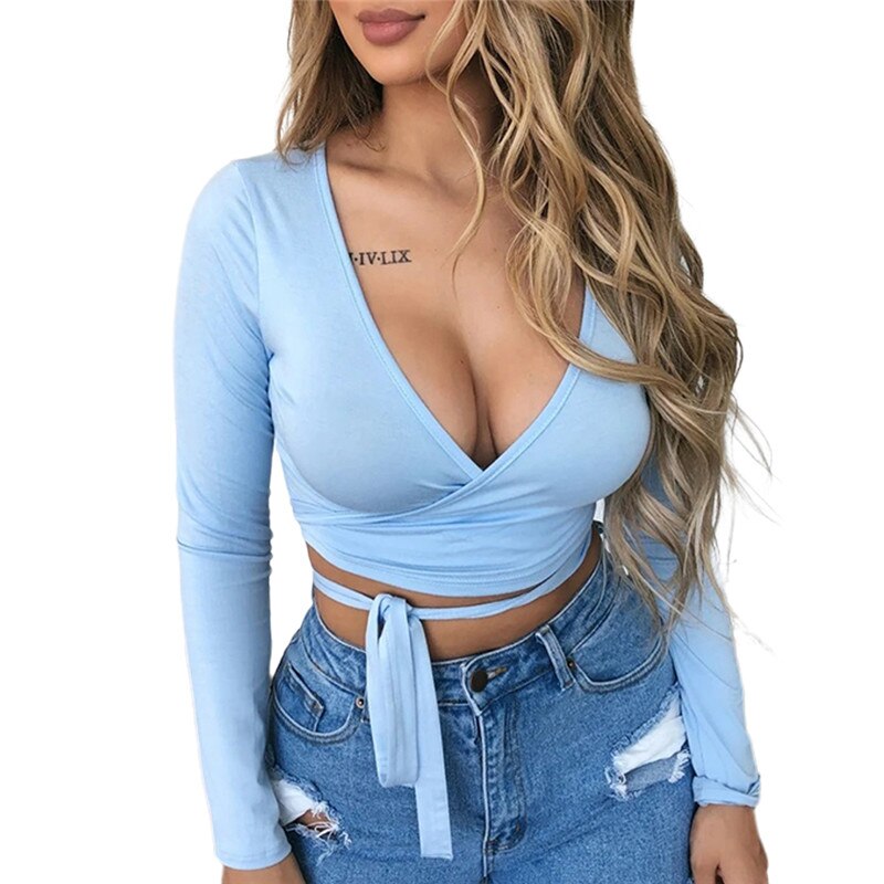 Basic Sexy Crop Top Women Long Sleeve T-Shirts Deep V Neck Slim Bandage Bowknot Pullovers Solid Color Sexy Tee Top Female