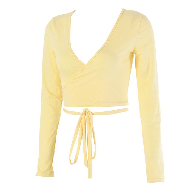 Basic Sexy Crop Top Women Long Sleeve T-Shirts Deep V Neck Slim Bandage Bowknot Pullovers Solid Color Sexy Tee Top Female