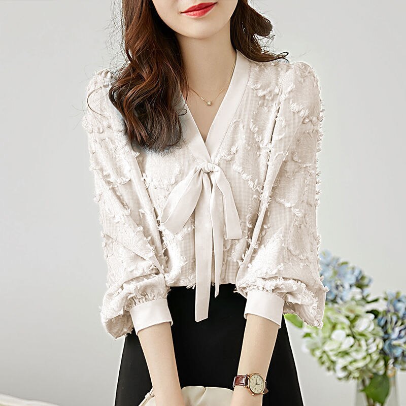 Blouses Women V-neck Bow New Arrival Lantern Sleeve Elegant Office Lady Korean Style Loose Casual Trendy Chic Shirts Female Tops