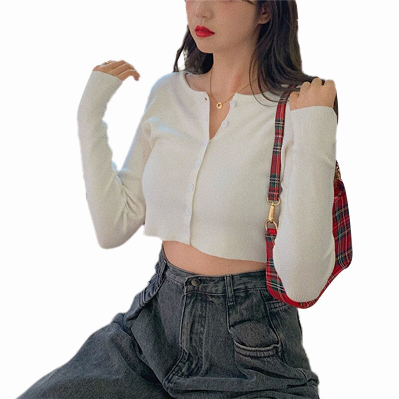 2023 Women   Tops Hot Fashion Solid color Buttons Uo Slim Fit Casual T Shirt Long sleeve Cardigan Crop tops Streetwear Female