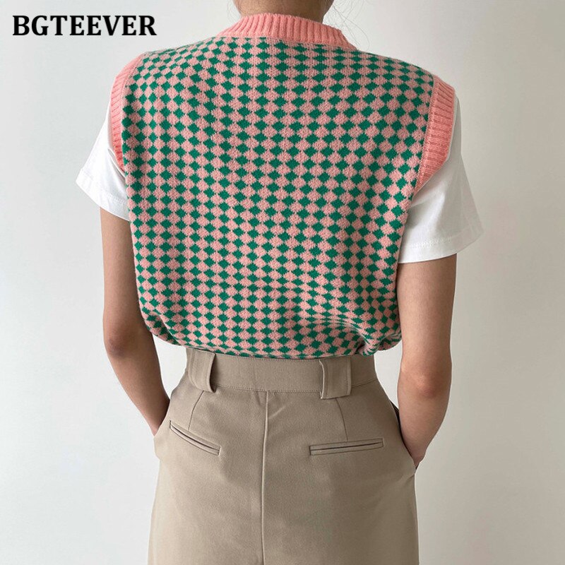 Pydshop  Casual Plaid O-Neck Women Knitted Sweater 2022 Autumn Winter Loose Sleeveless Female Pullovers Tops