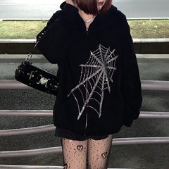 Pydshop Rhinestone Skeleton Sweatshirts Women Y2K Grunge Gothic Tops Hooded Jacket Vintage Harajuku Long Sleeve Zip Up Streetwear Hoodie
