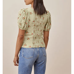 Pydshop Women Blouses Fashion Plaid And Floral Print Beach Casual Summer Tops Sweetheart Neck Short Puff Sleeve Elegant Blouse Top