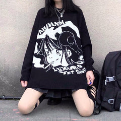 Pydshop Japan Anime Punk Streetwear Knitted Harajuku Women Oversized Sweaters Long Sleeve Goth E-Girls Casual Kawaii Vintage Cartoon Top