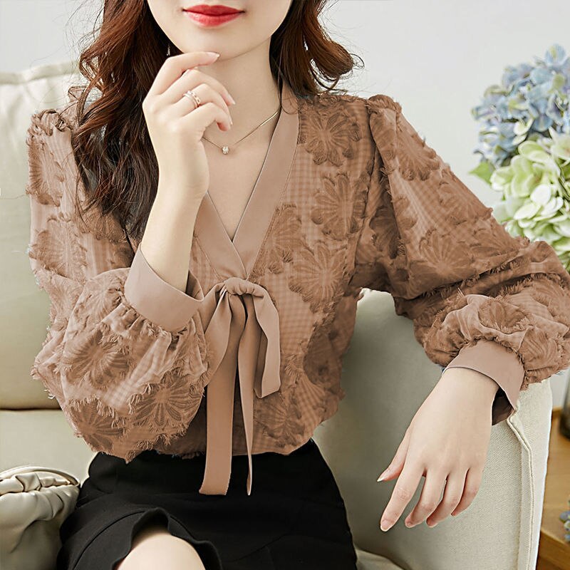 Blouses Women V-neck Bow New Arrival Lantern Sleeve Elegant Office Lady Korean Style Loose Casual Trendy Chic Shirts Female Tops