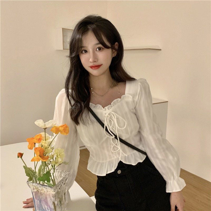 Back to college Blouses Women Sweet   Square Collar Design Spring Top Slim Flare Sleeve Fashion Solid Cute All-Match College Bandage Blusas