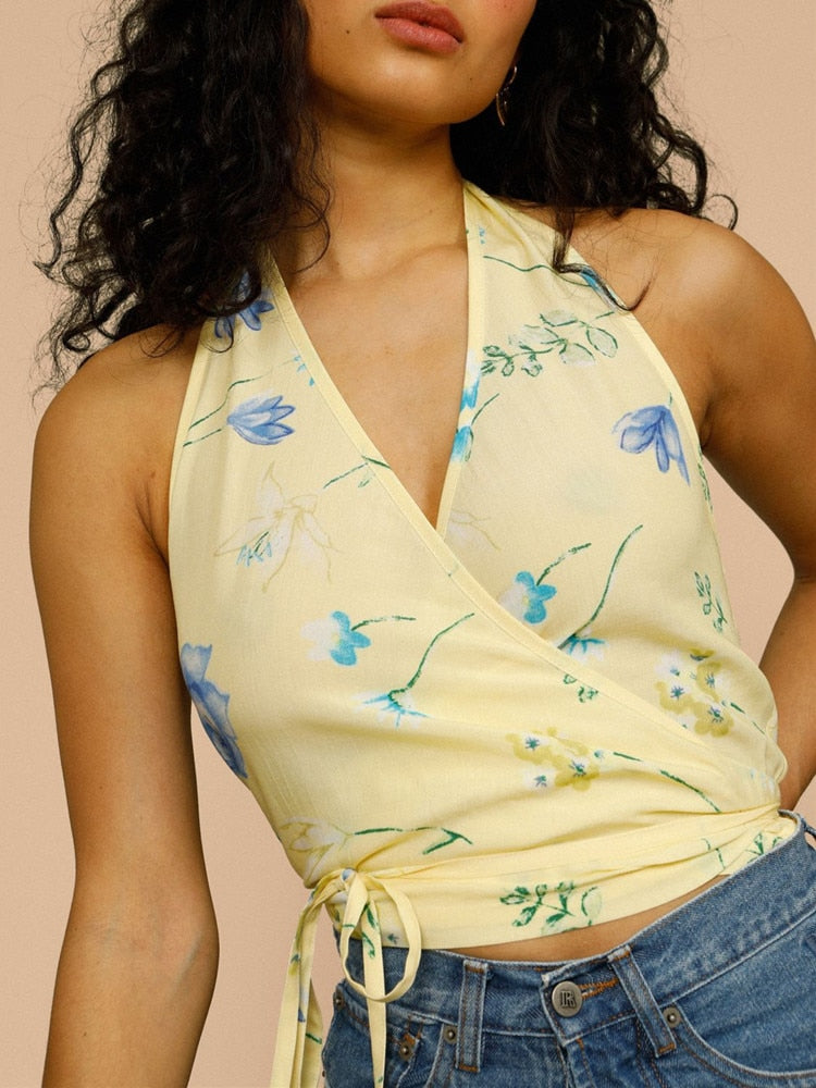Pydshop Floral Print Women Warp Slim Tank Top 2022 New Summer Halterneck Waist Lace-Up Backless Vest Bottoming Top