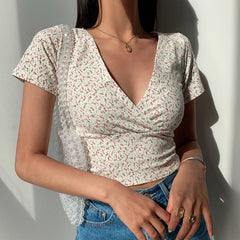 Pydshop Back to college Y2K Vintage Floral Cross Crop Top T-Shirt Women Cropped Slim Short Sleeve V-Neck Sexy Summer Clothes Tee Shirt Femme Woman Tops