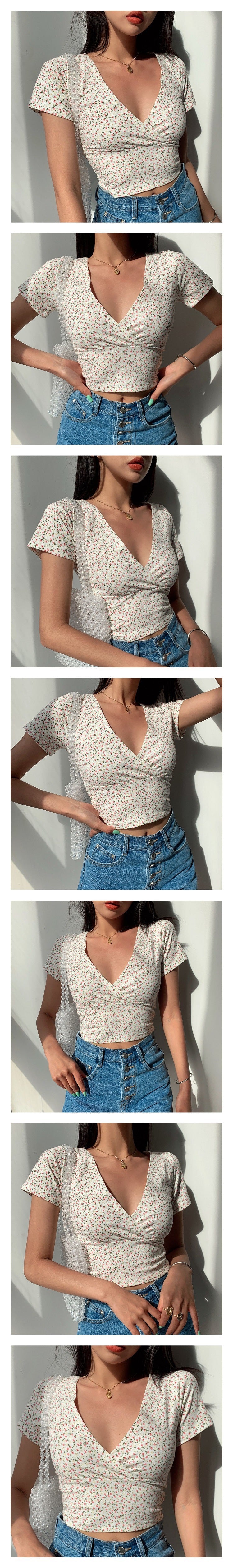Pydshop Back to college Y2K Vintage Floral Cross Crop Top T-Shirt Women Cropped Slim Short Sleeve V-Neck Sexy Summer Clothes Tee Shirt Femme Woman Tops