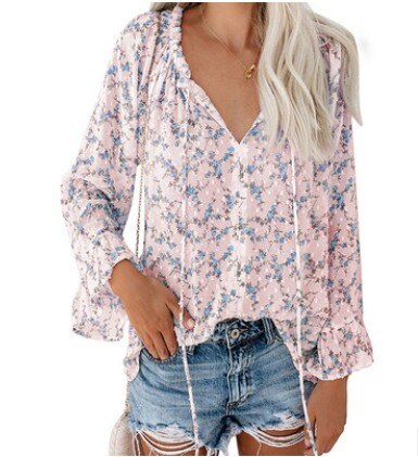 2022 loose women's chiffon shirt V-neck lace floral women  tops shirts with ruffled flared sleeves casual women blouse