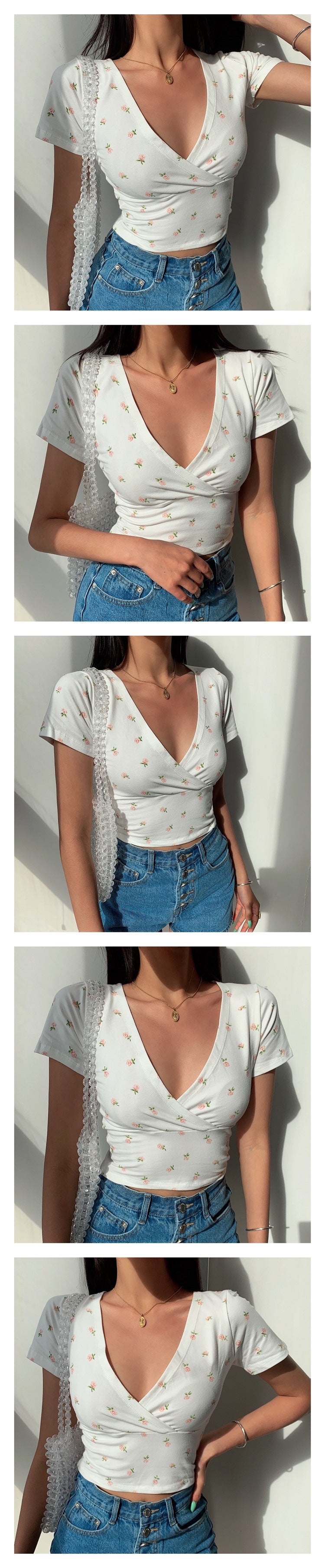Pydshop Back to college Y2K Vintage Floral Cross Crop Top T-Shirt Women Cropped Slim Short Sleeve V-Neck Sexy Summer Clothes Tee Shirt Femme Woman Tops