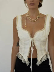 Pydshop Lace Patchwork  Sleeveless Tie-Up Tank Top