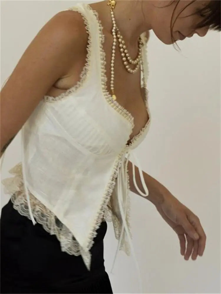 Pydshop Lace Patchwork  Sleeveless Tie-Up Tank Top
