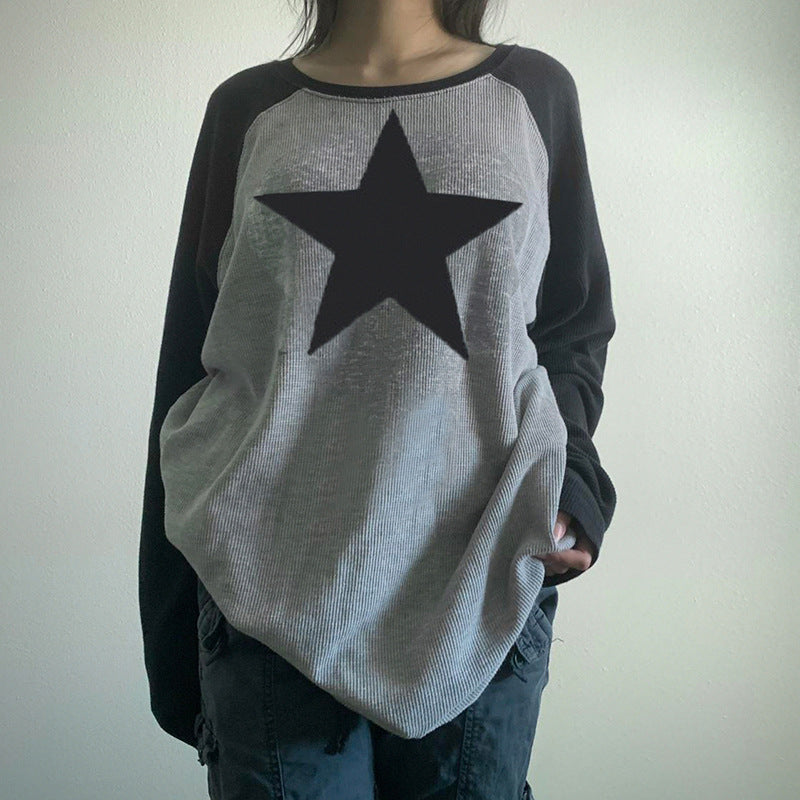 Pydshop grunge outfits Fashion Women's Clothing Contrast Color New Autumn and Winter New Casual Sweater Star Top Long Sleeve