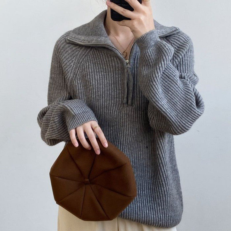 Pydshop clothes Women's Korean-Style Half-Zip Pullover Autumn and Winter Soft Glutinous Loose Lazy Style Knitted Top