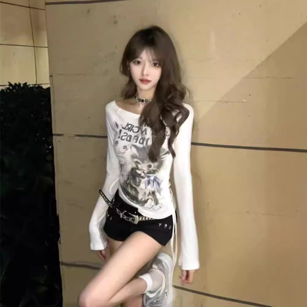 Pydshop 2000s fashion Casual Cut American Retro Cat off-Neck Long Sleeve T-shirt Women's Slim Fit Sweet and Spicy Top