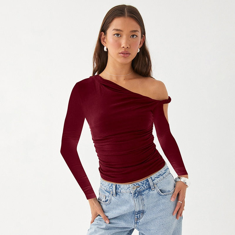 Pydshop date night outfit 2024 Summer New Women's Solid Color One-Shoulder Diagonal Collar Pleated Asymmetric Sexy Slim Top