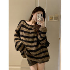 Pydshop fall outfits 2024 2024 Loose Lazy Retro Thick Loose Striped Sweater Women's Spring and Autumn off-the-Neck Thick Sweater Top